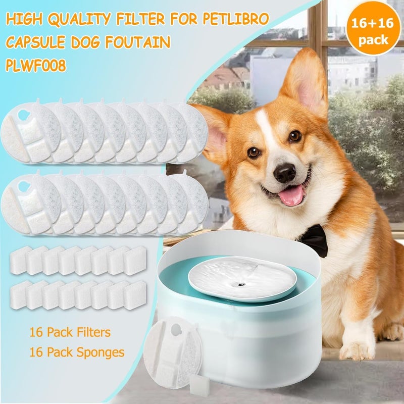OUPUSES 16 Pack Dog Water Fountain Replacement Filters for Petlibro Capsule Dog Fountain PLWF008,Pet libro filters with Replacement Pre-Filter Pump Sponges. - Image 2